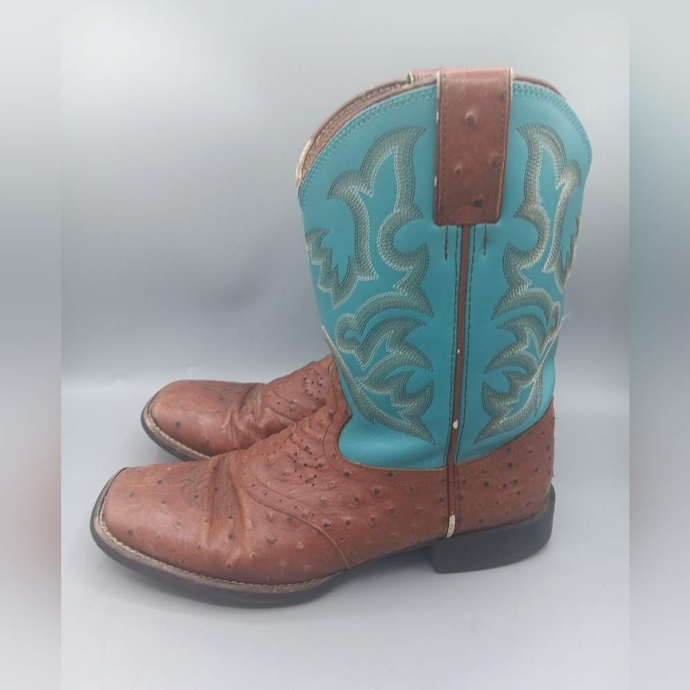 Justin 5527 Ostrich Quill Women's 4 D Boots Exotic Cowboy Western Teal Brown - Picture 4 of 12